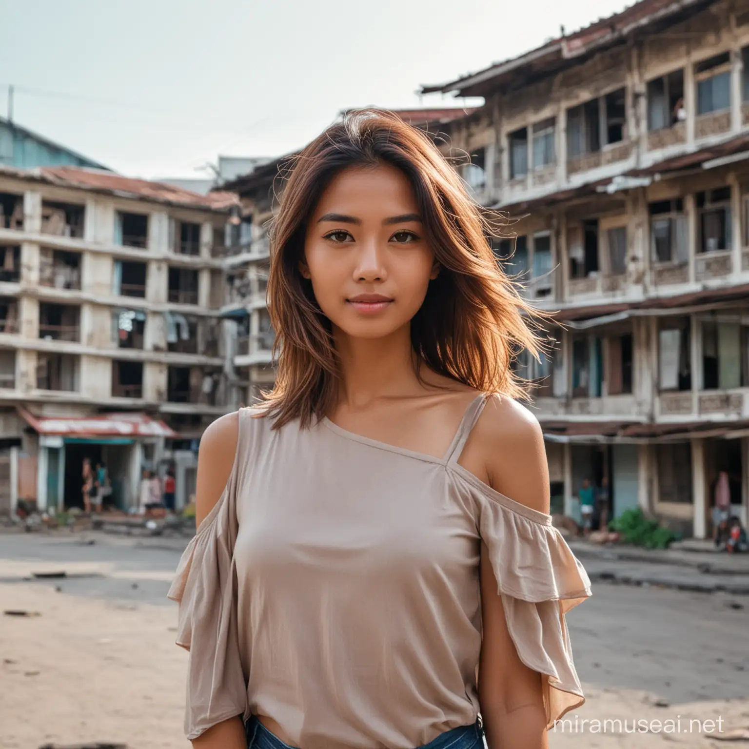 A beautiful woman with shoulder-length layered hair stands, with a building in the background Indonesia