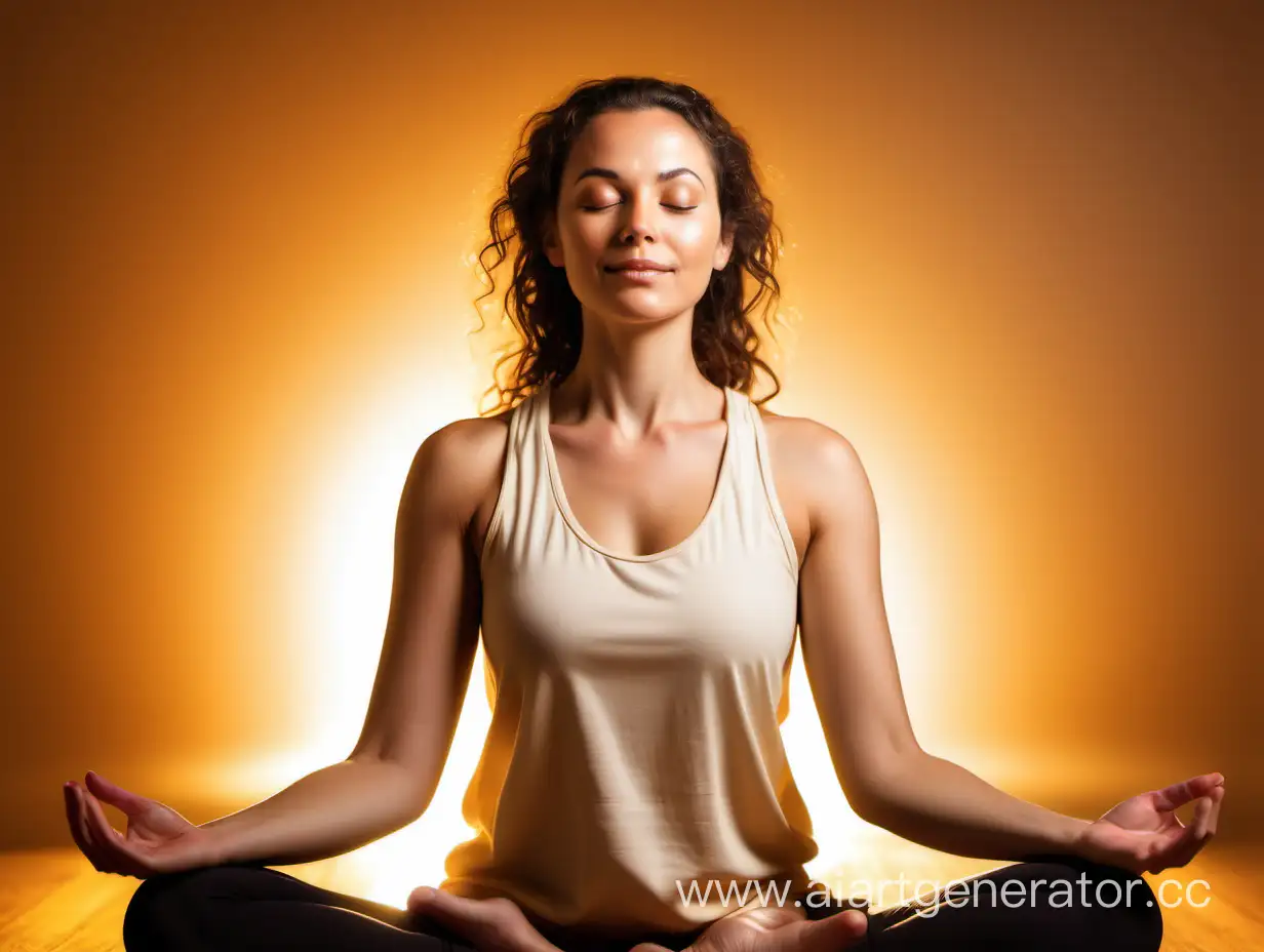 confident beautiful happy woman meditating surrounded by golden glow