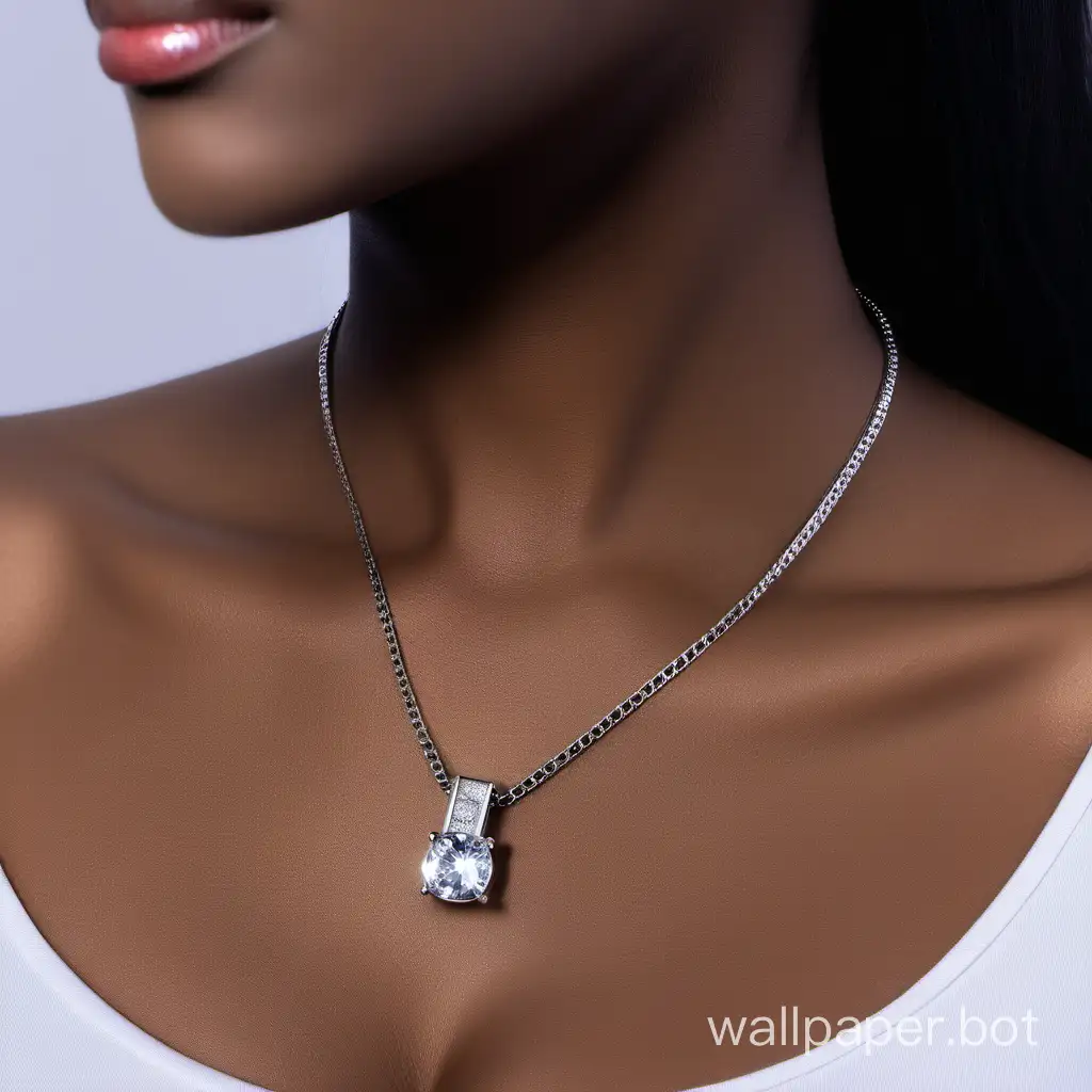 Please create a photo of a black female model wearing a sophisticated and stylish necklace, with only the model showing below her chin. Wearing a popular necklace with a 925 sterling silver chain and a cubic zirconia, the chain is very thin and short. The face does not need to be in the photo, please give a close-up of the neck area. Jewelry should be suitable for daily wear and in line with modern fashion trends.