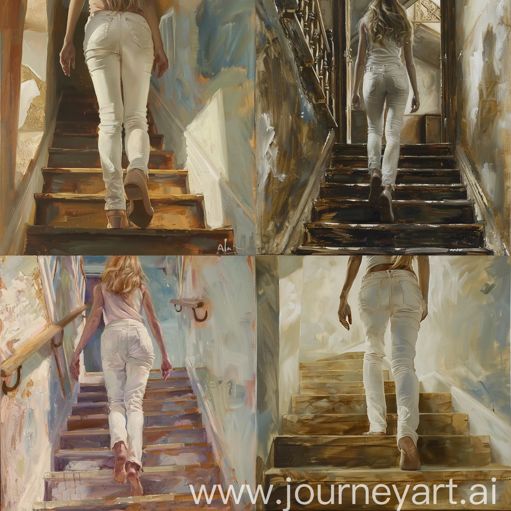 an oil painting of a woman going up the stairs, very low-angle view, wide-angle shot, she is wearing white jeans