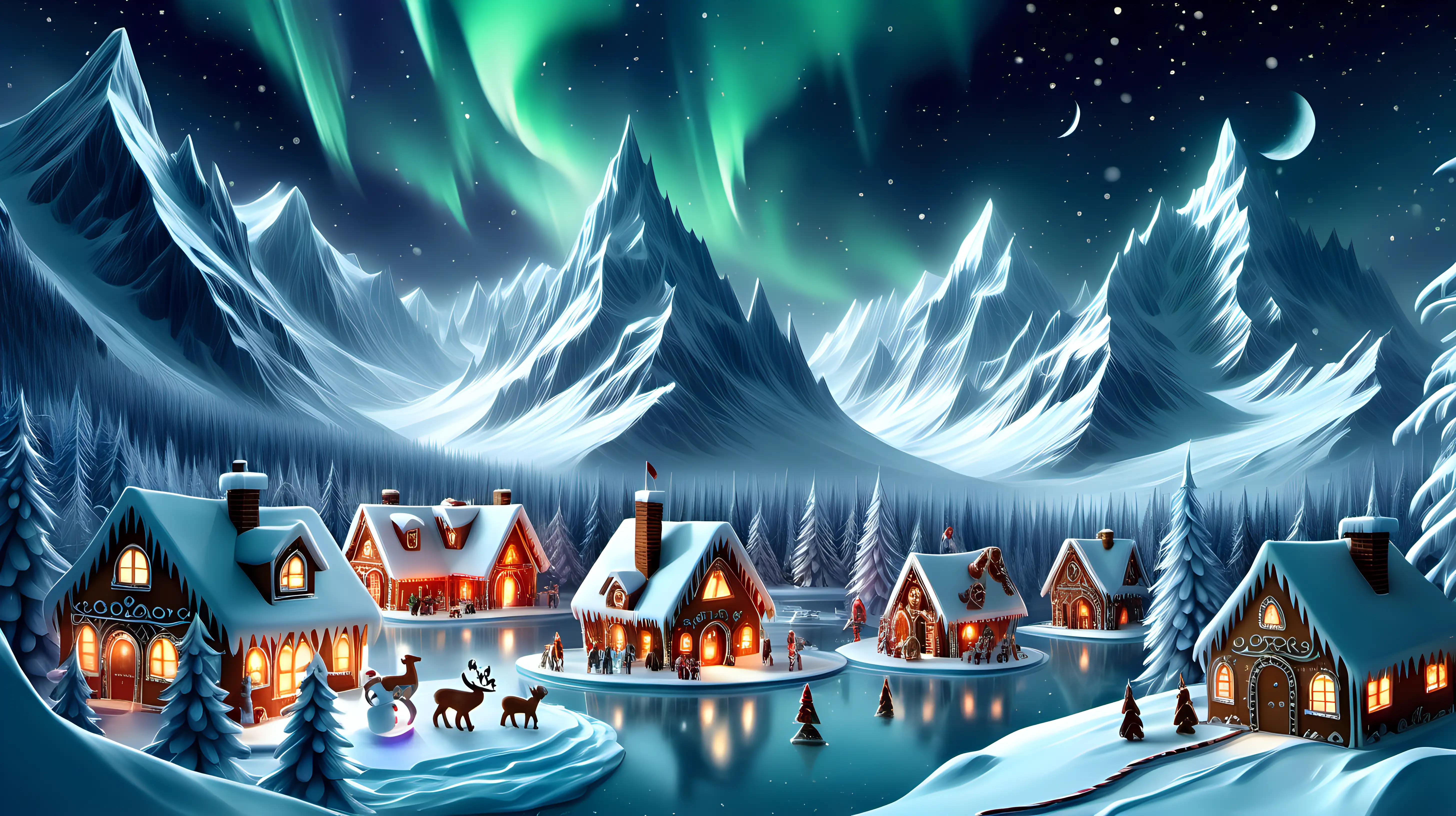 a realm of cold winter, with glowing mountain glaciers, night time sky, aurora, Santa's workshop, gingerbread, snowman, Christmas trees