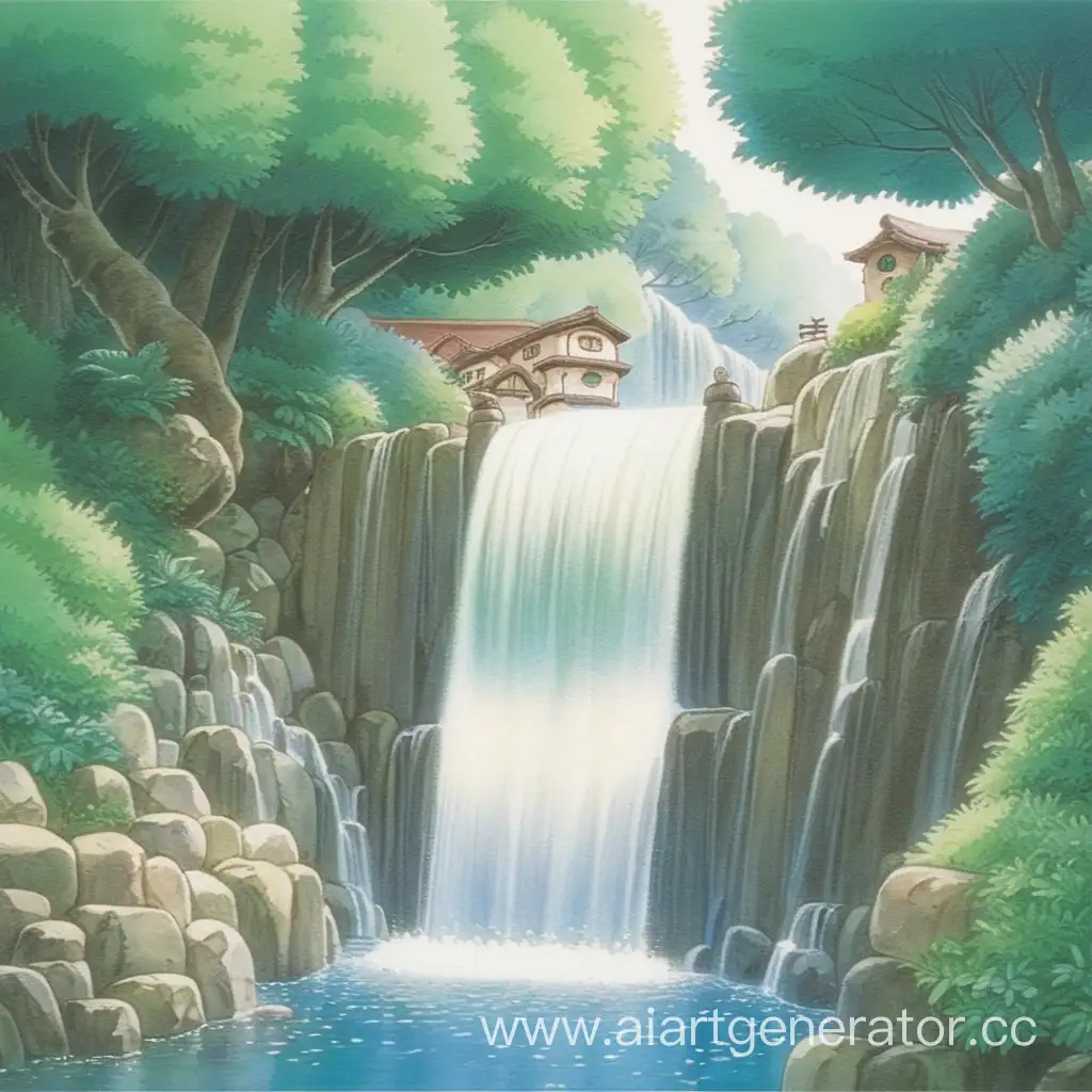 Enchanting-GhibliInspired-Small-Waterfall-in-Anime-Art