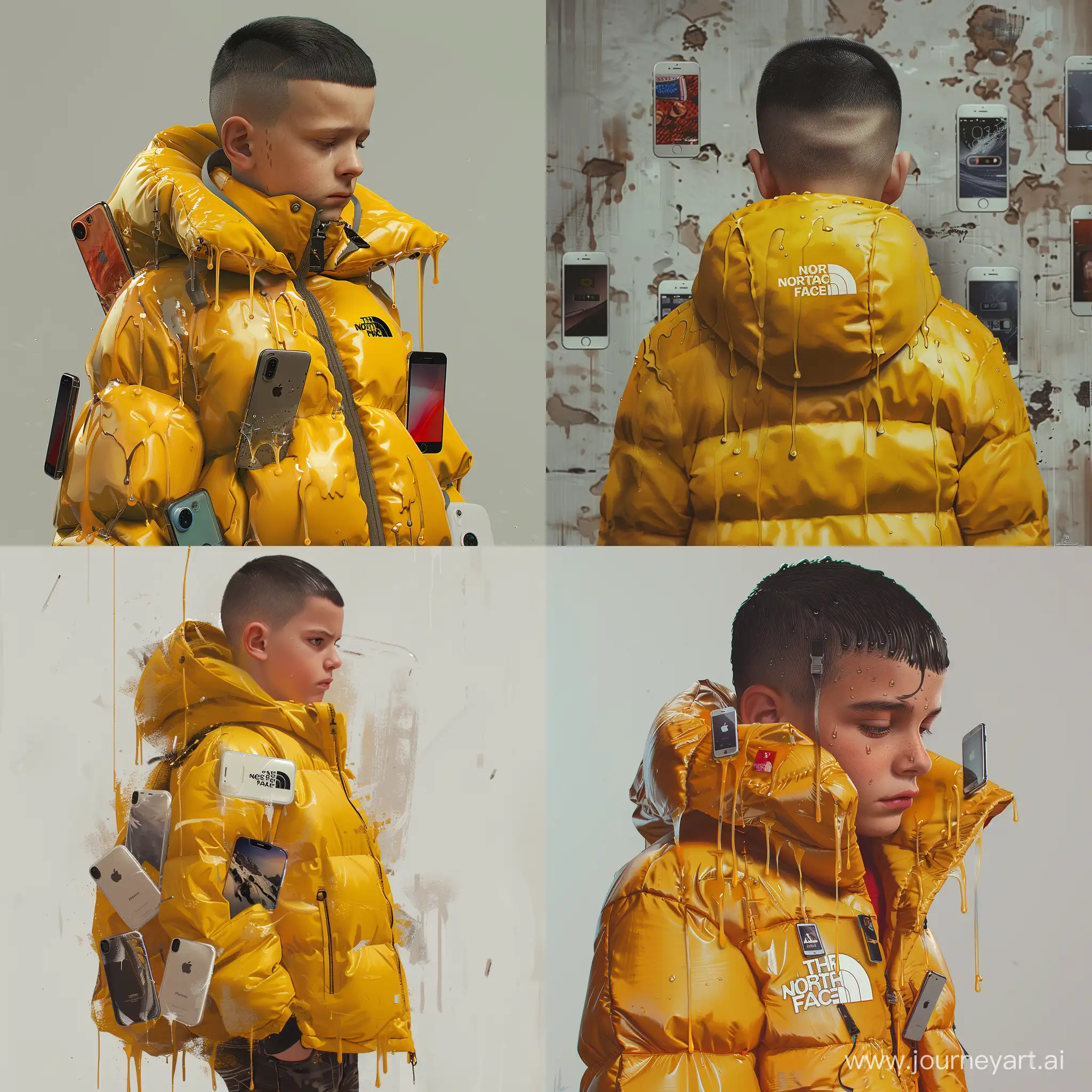 A boy with buzzcut, black short hair, a drippy north face yellow puffer jacket, and a lot of iphones. Photorealistic 