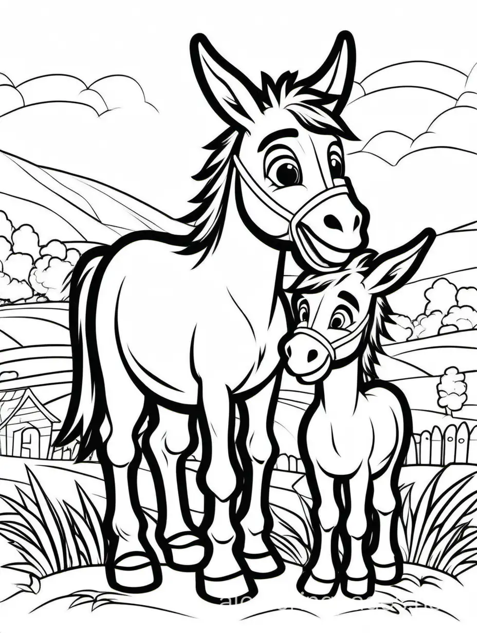 cute donkey  with his 1  baby  for kids, Coloring Page, black and white, line art, white background, Simplicity, Ample White Space. The background of the coloring page is plain white to make it easy for young children to color within the lines. The outlines of all the subjects are easy to distinguish, making it simple for kids to color without too much difficulty