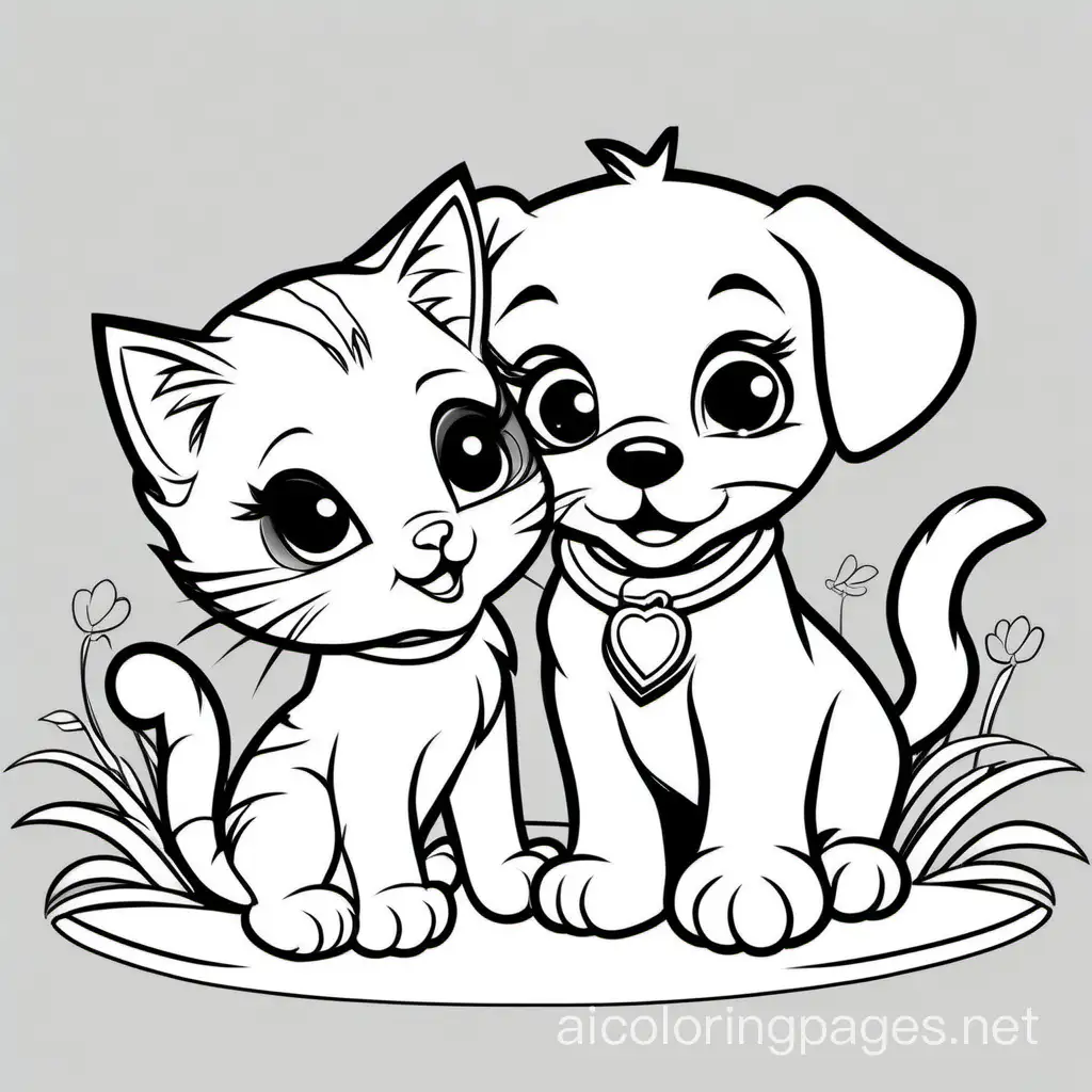 Kitten and puppy playing, Coloring Page, black and white, line art, white background, Simplicity, Ample White Space. The background of the coloring page is plain white to make it easy for young children to color within the lines. The outlines of all the subjects are easy to distinguish, making it simple for kids to color without too much difficulty