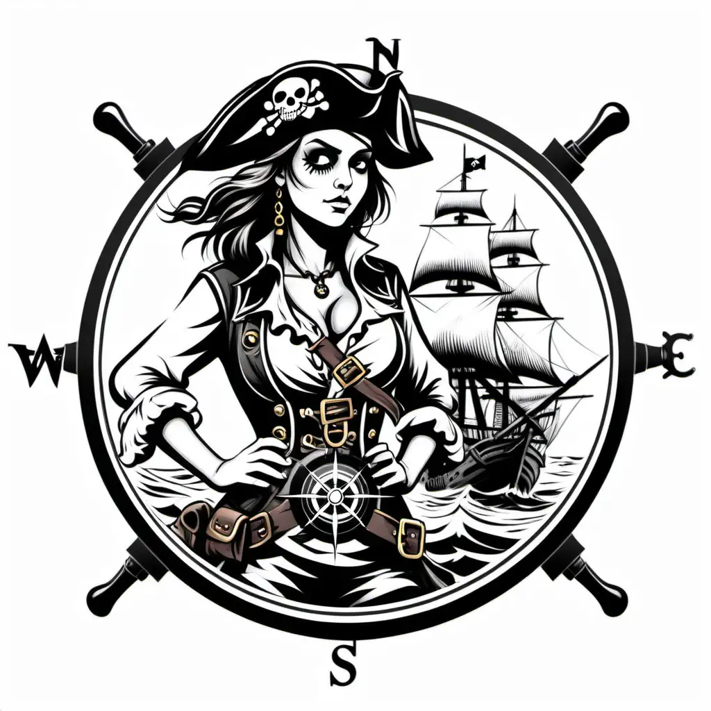 pirat girl,vector,b&w,white bg,compass