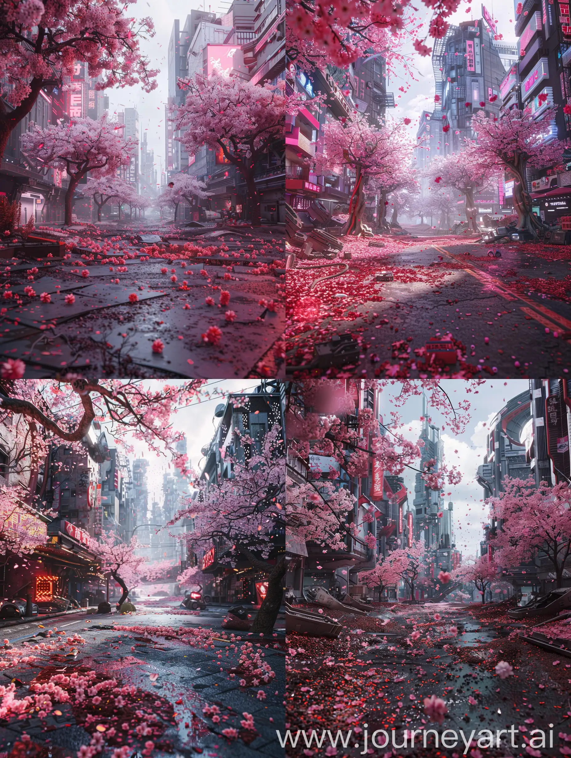 Cyberpunk-Cityscape-with-Cherry-Blossoms-PostApocalyptic-Style-and-Decadent-Color-Palette