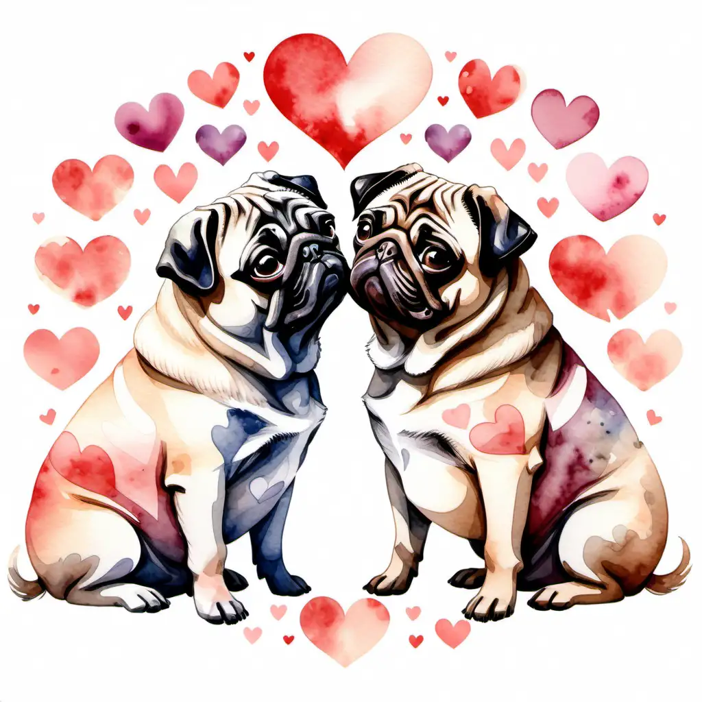 watercolor style, male and female pugs touching noses with hearts around them on a white background