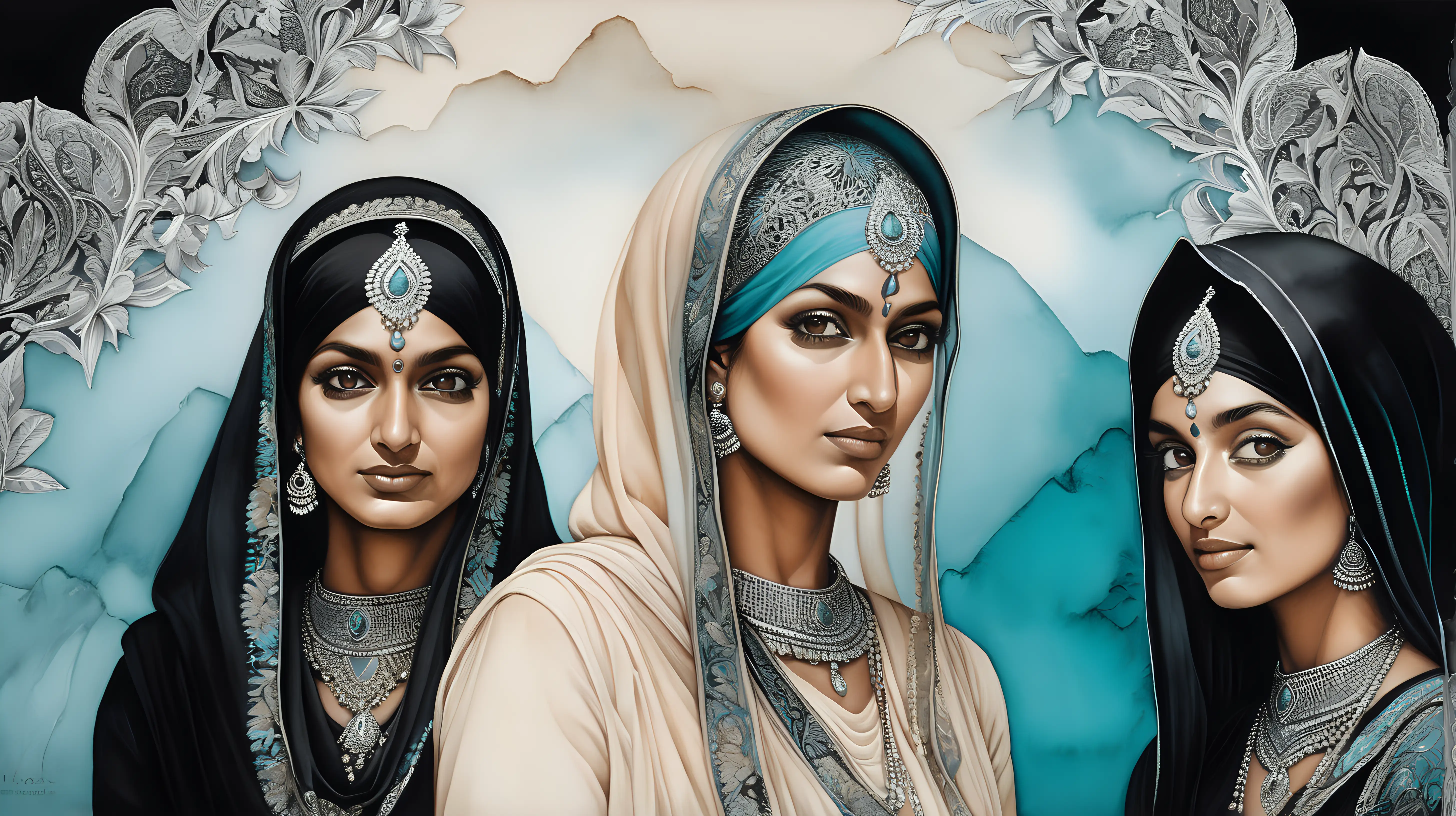 Sikh Women in Vibrant Watercolor Landscape Intricate Details in Digital Rendering