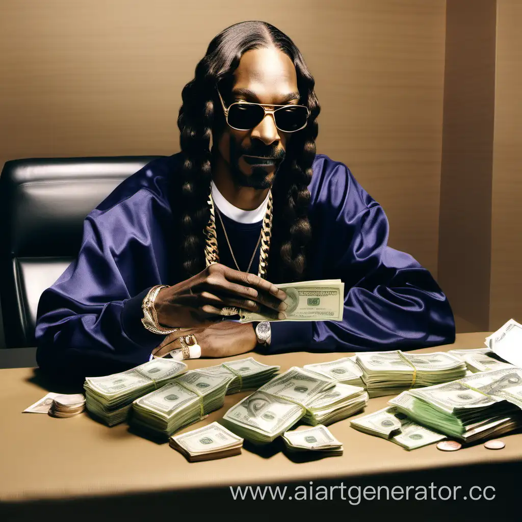 Rapper Snoop Dogg is sitting at a table and counting a wad of money, flipping through bills