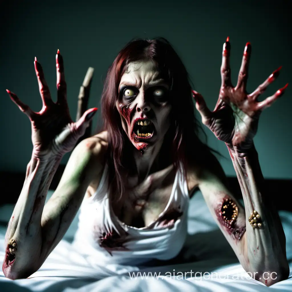 Aggressive Zombie woman with long nails  Keeps Your hands above you with bent fingers in room with bed
