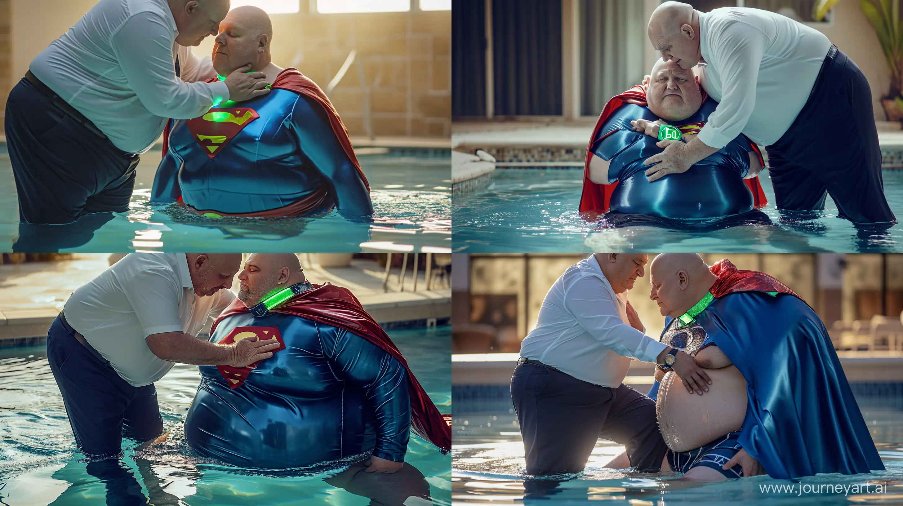 A closeup photo of a chubby man aged 60 wearing silky navy business pants and a white shirt, bending behind and touching the waist of another chubby man aged 60 sitting in the water and wearing a tight blue silky superman costume with a large red cape and a green glowing small short dog collar. Swimming Pool. Natural Light. Bald. Clean Shaven. --style raw --ar 16:9 --v 6