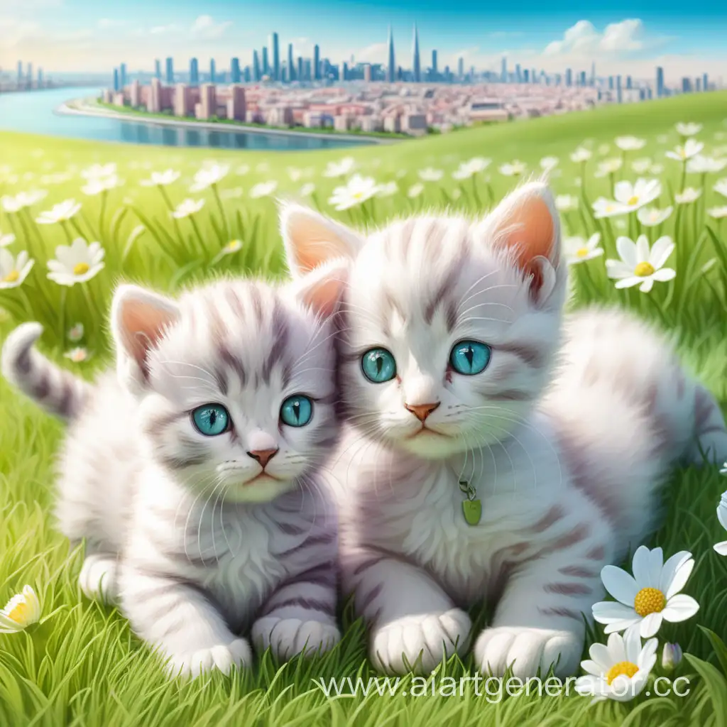 Spring-Landscape-with-Kittens-Relaxing-on-Lush-Grass-near-a-Blossoming-City
