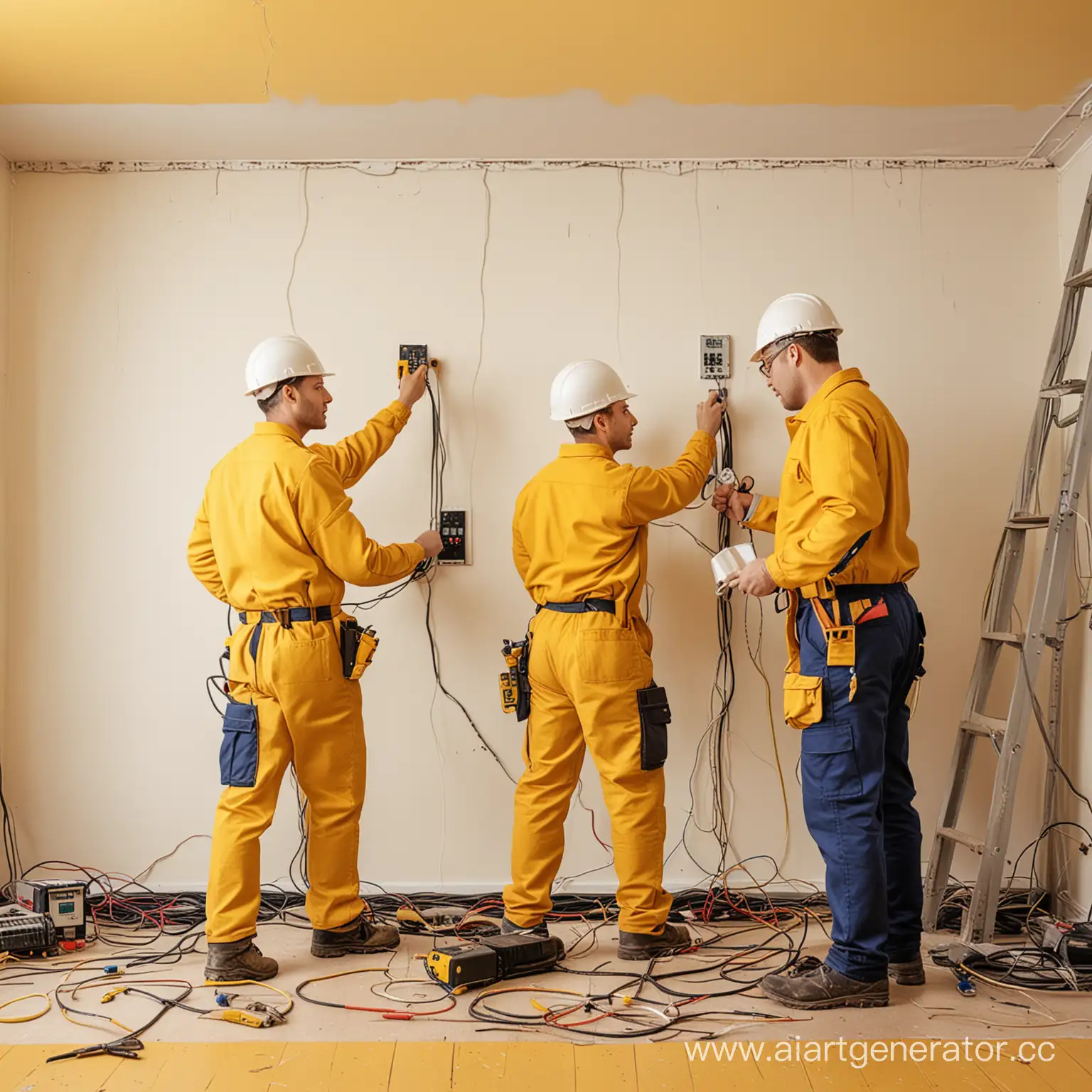 Professional-Electricians-at-Work-on-Yellow-Background-with-Tools-and-Wires