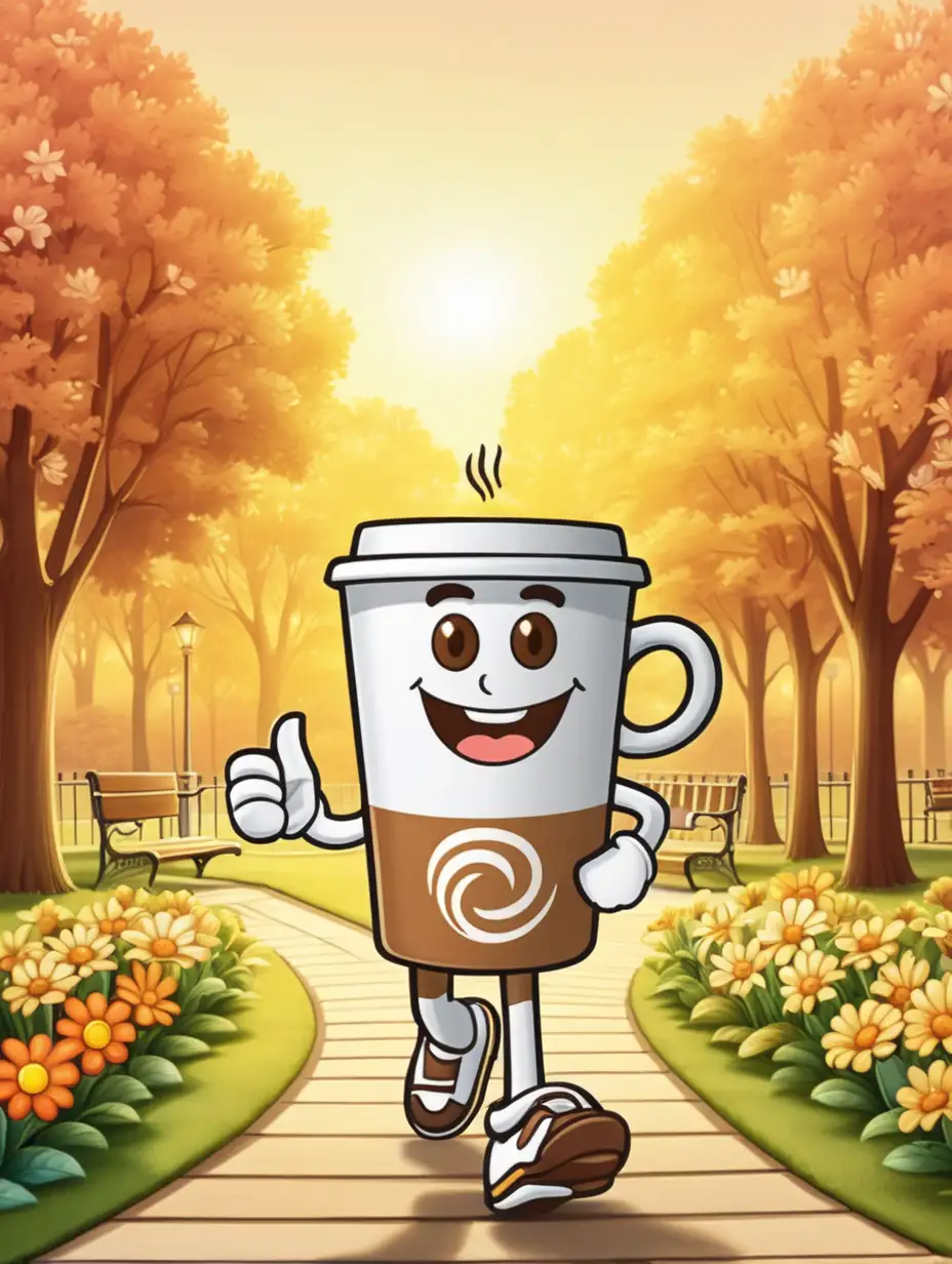 A cup of coffee, walking , dawn, sun, flowers, park, path, cartoon style, mascot 