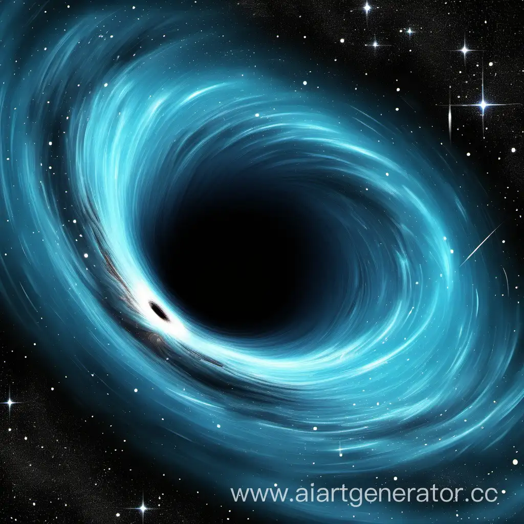 black hole, rotating accretion disk, light blue, starry sky, nebulae