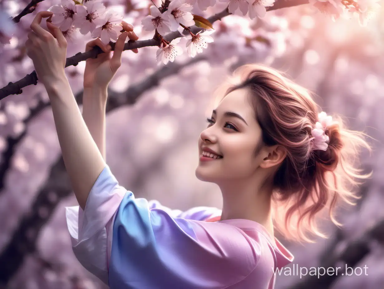wallpapers, spring, cherry blossoms, lilac-blue, light pink with a color shift, young woman, beautiful, reaching for a cherry blossom branch, looking, smiling, face in profile, delicate and exquisite drawing, sharpness. Mariea@mmg