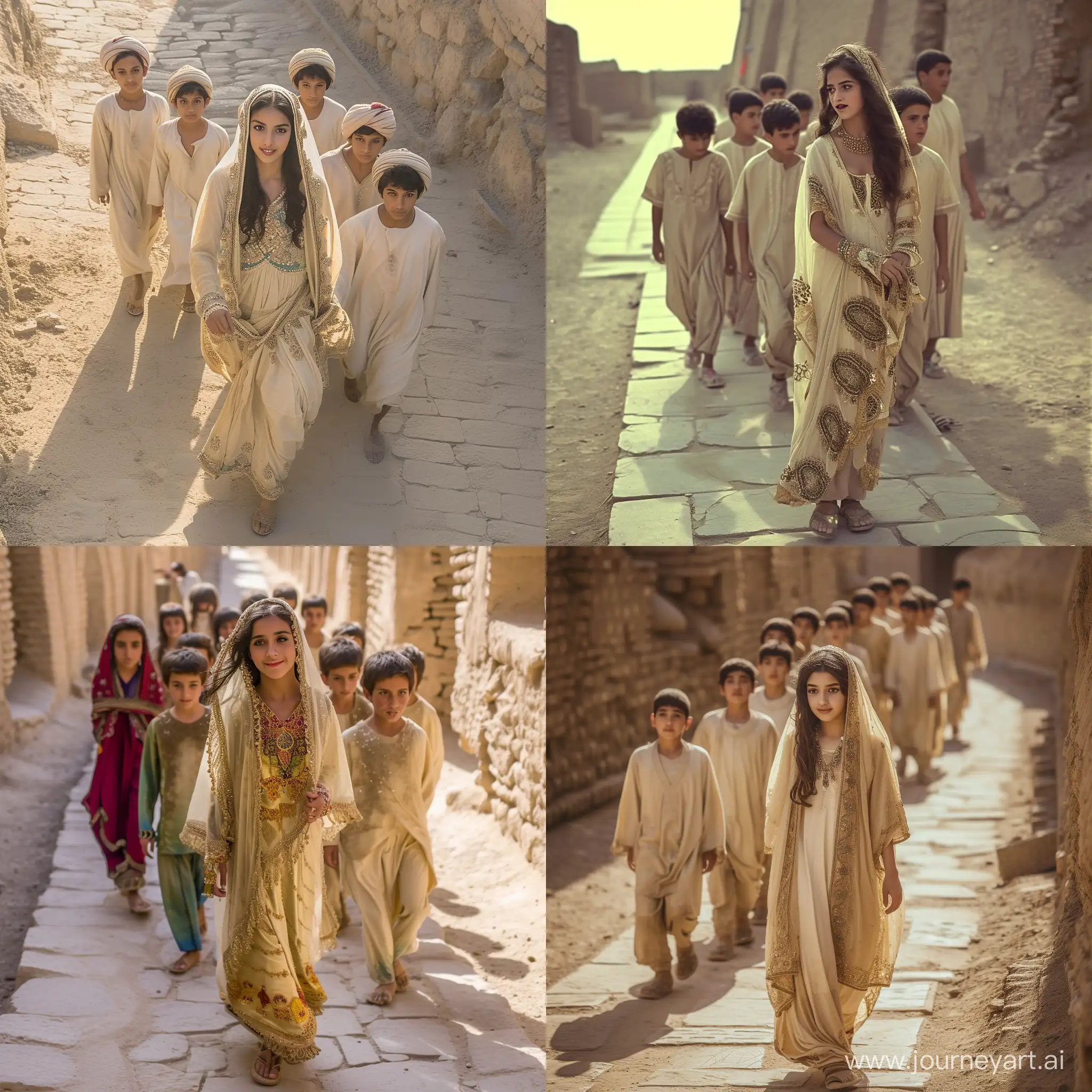 A beautiful Persian princess with seven brothers, 20 to 30 years old, are walking on the ancient sidewalks of Bam Citadel.