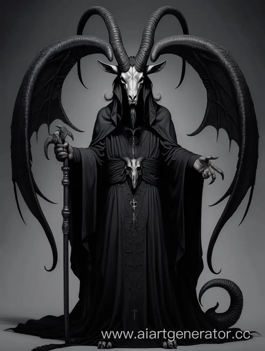 Baphomet. A man in a full mask, with goat horns with black scaly wings and a black scaly tail. In a black robe.