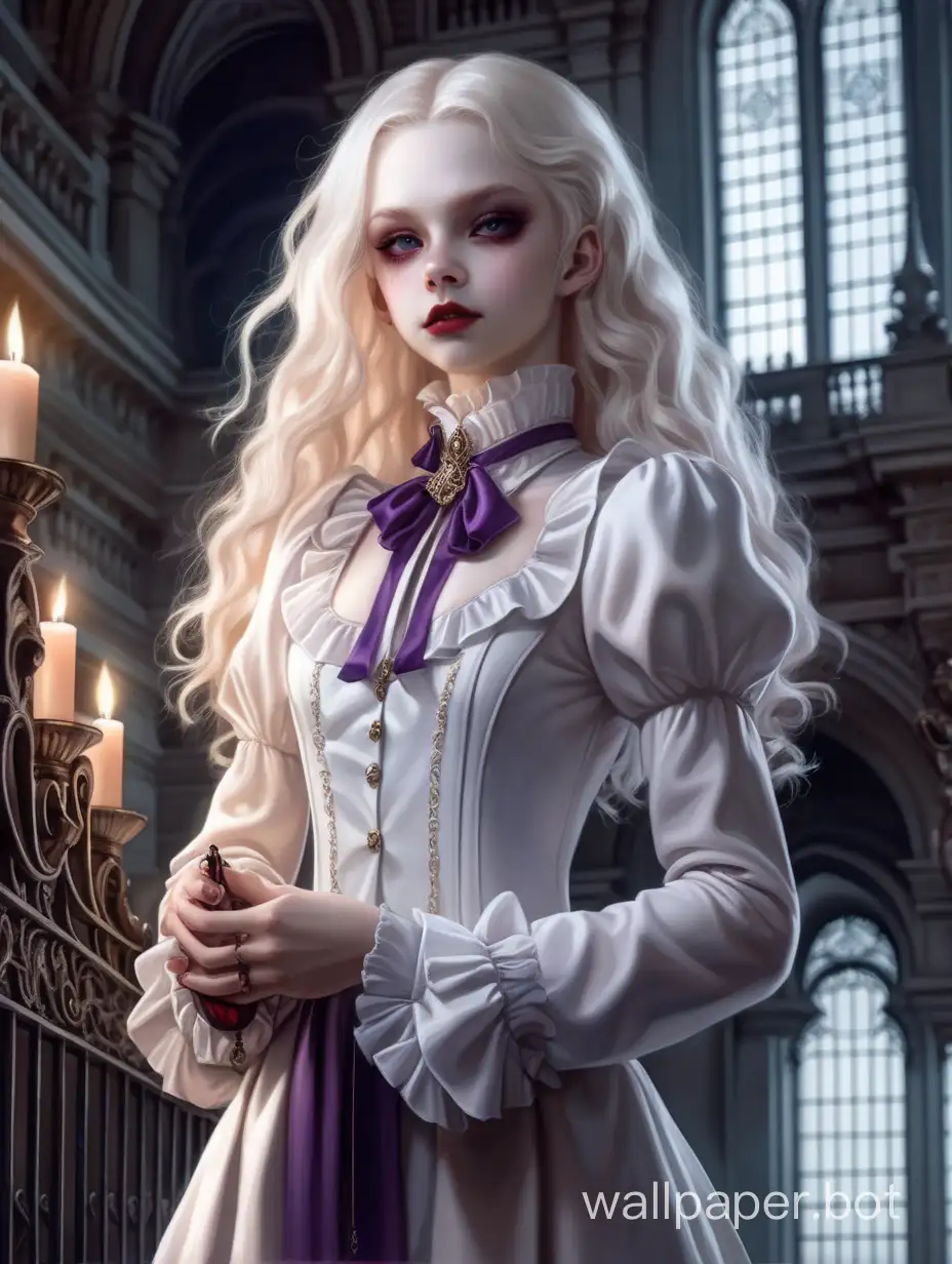 young female vampire albino, usual violet eyes without glowing, facial features are soft, long wavy hair, slim athletic builded, in aristocratic light-colored clothes, ruffles at the collar cover the neck, she holds a silk whip in her hands and stands in the middle of the palace fencing hall