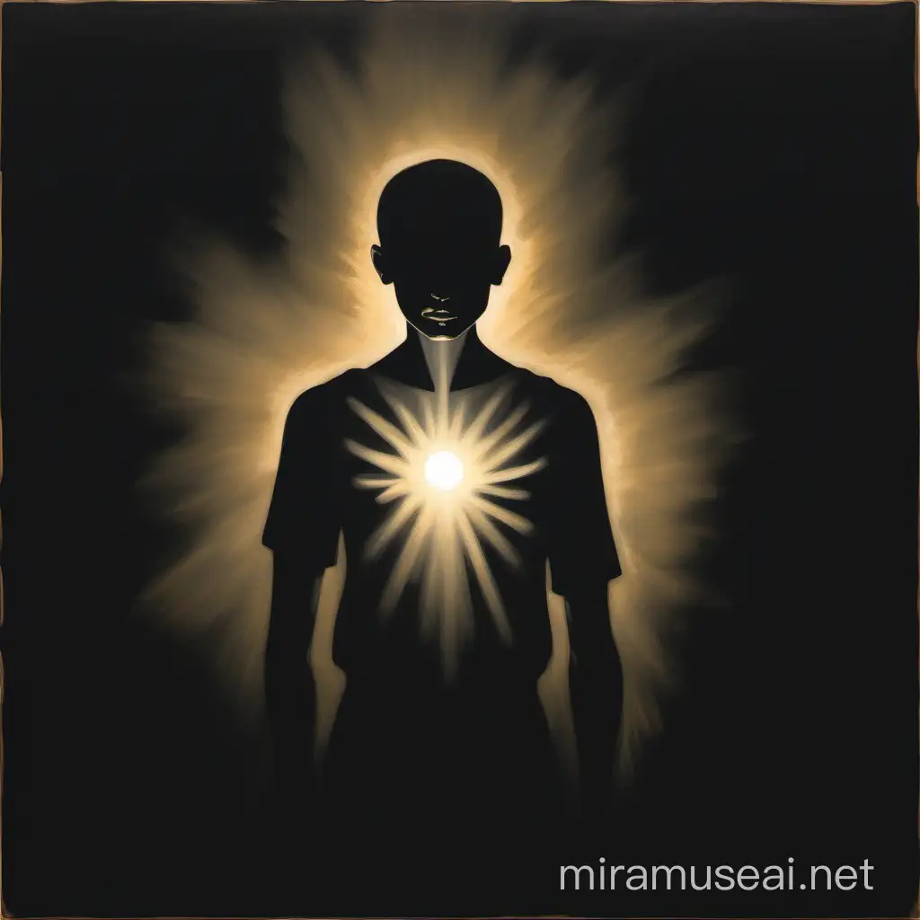a painting of a person surrounded by shadows, but with a small, glowing light emanating from their chest.