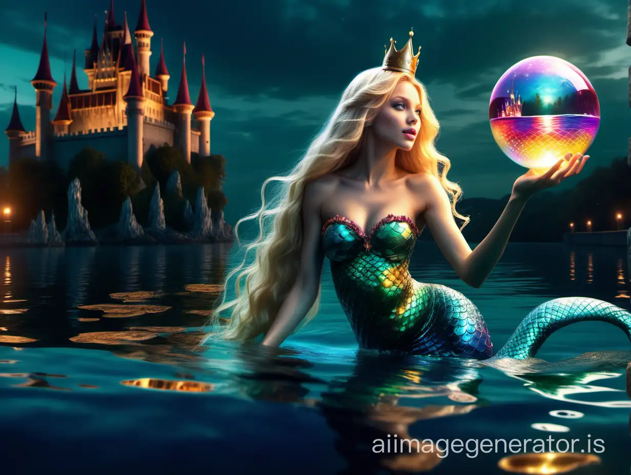 a Stunning women mermaid with long blonde hair with crown holding glowing magic ball , with multicolor mermaid long tail, on the water outdoor, by the castle, wide angle , night atmosphere  ,hyper realistic, perfect anatomy, detailed, digital fantasy art,16 k UHD