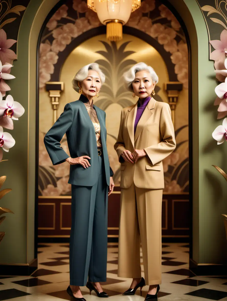 a tall asian senior woman model and tall senior blonde woman model, standing, full body portrait, wearing classy street style with gold orchid earrings, art deco arches floral wallpaper interior background, old photograph color palette, cinematic, soft light, photorealistic
