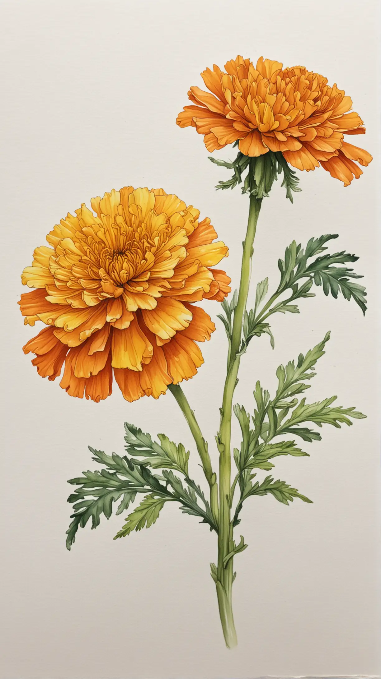 marigold birthflower line art, watercolour, with both realistic hues orange and yellow