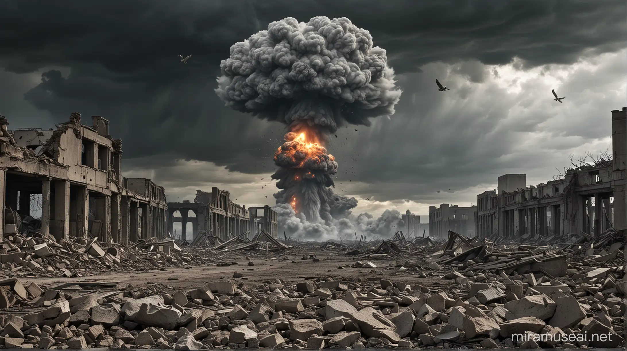 Create an image depicting the aftermath of a nuclear war, inspired by the script. Include elements such as a mushroom cloud representing a detonated atomic bomb, a devastated landscape with ruins and destruction, and people fleeing or seeking shelter. Use a mix of dark and ominous tones to convey the seriousness of the topic. Additionally, include symbols of hope and resilience, such as a dove or a sprout breaking through the rubble, to emphasize the importance of seeking peace and rebuilding after such a catastrophic event.
