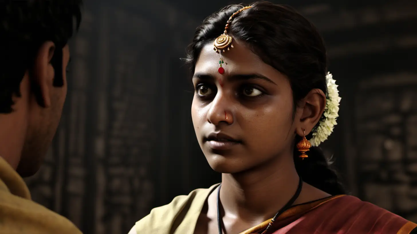 /imagine prompt: Realistic, personality: [In a close-up shot, a middle-aged temple priest Raghav inches closer to  Ashna, a young and innocent South Indian village woman, his intentions turning darker. Ashna's face displays a mix of confusion and discomfort, hinting at the shift in energy] unreal engine, hyper real --q 2 --v 5.2 --ar 16:9