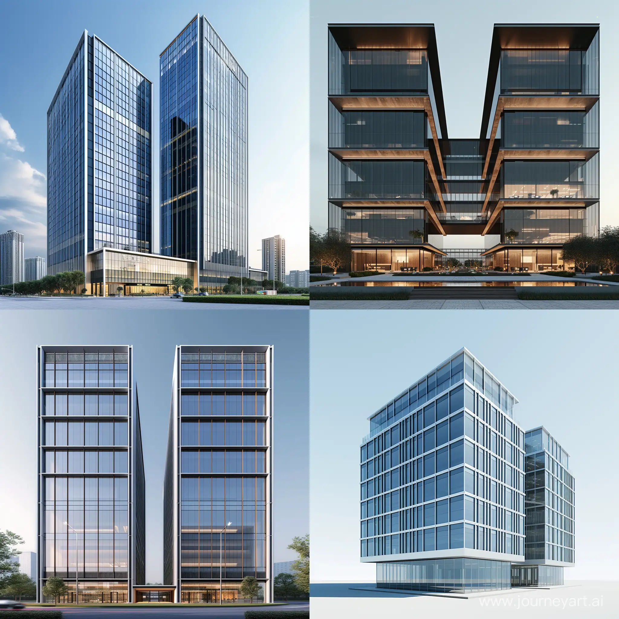 COMMERCIAL MULTI USE BUILDING , two connected masses,WITH 10 FLOORS WITH large curtain walls , minimalist STYLE 4K QUALITY