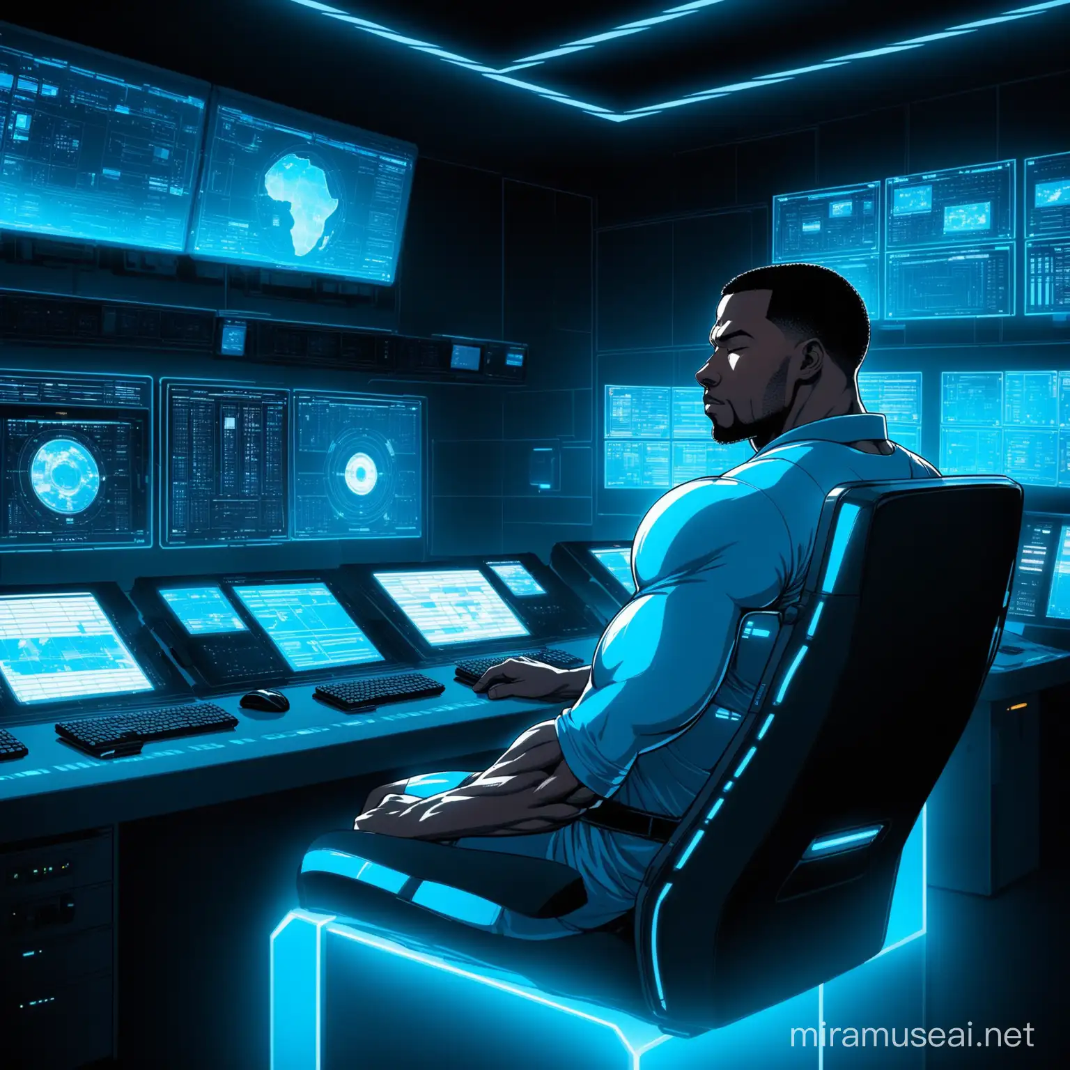 A high tech control room, dimly lit with blue light. An african american man with thick biceps to match sleeps in his chair out cold in a well needed slumber in front of Several holographic screens float above him