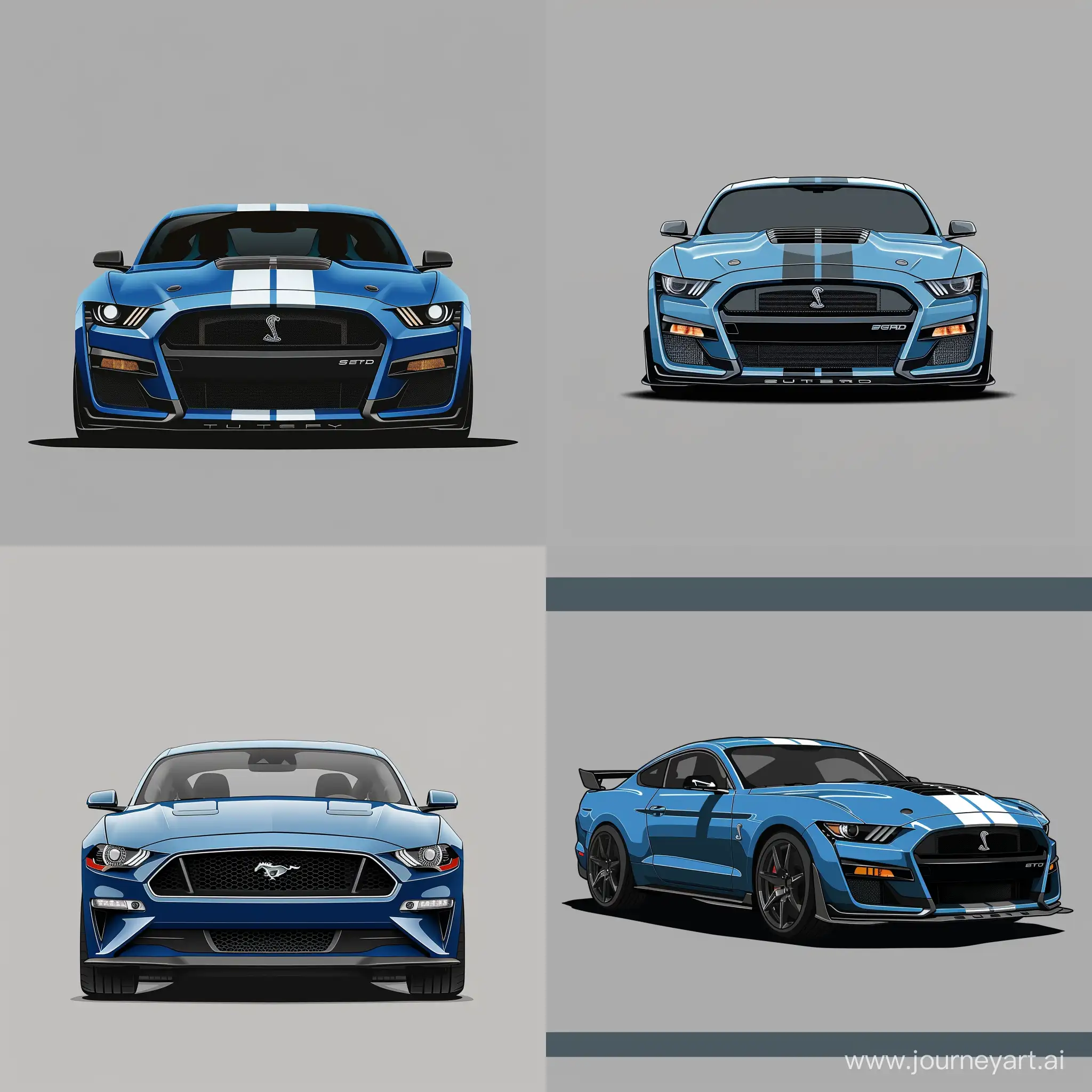 Minimalism 2D Illustration Car of Front View, Blue Ford Mustang Shelby, Simple Gray Background, Adobe Illustrator Software, High Precision