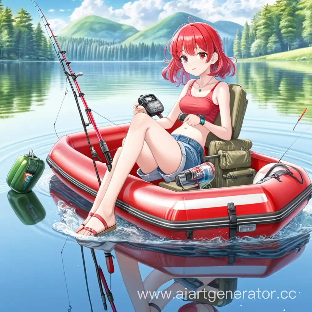 Anime girl in shorts, small chest, red compact car, lake, fishing rod, fishing in an inflatable boat.