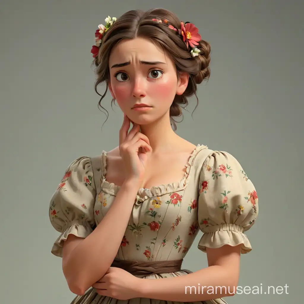 Victorian Lady in Embarrassed Pose with Naturalistic Flowers and Detailed 3D Animation