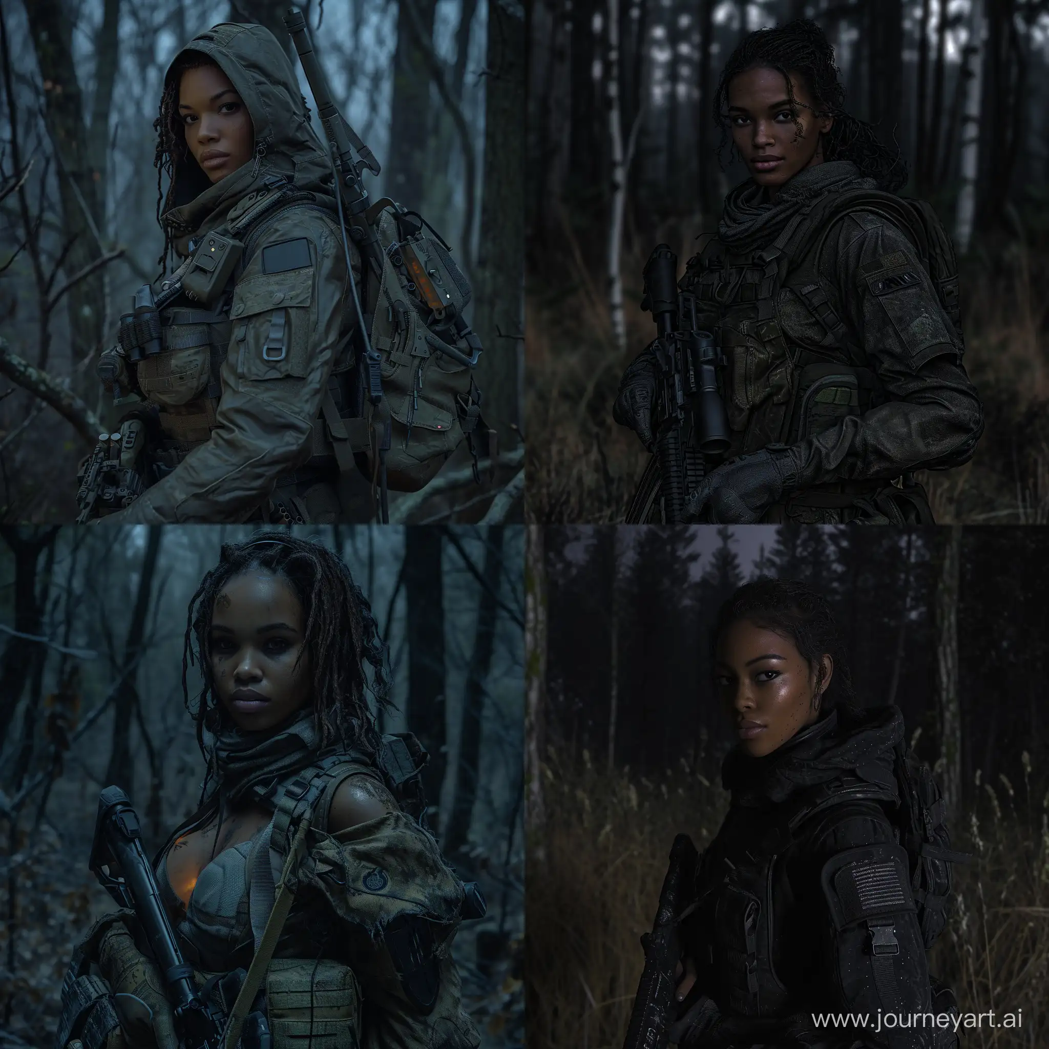 beautiful mulatto Sheva Alomar female in S.T.A.L.K.E.R as mercenary in dark tactical equipment dead trees dark forest