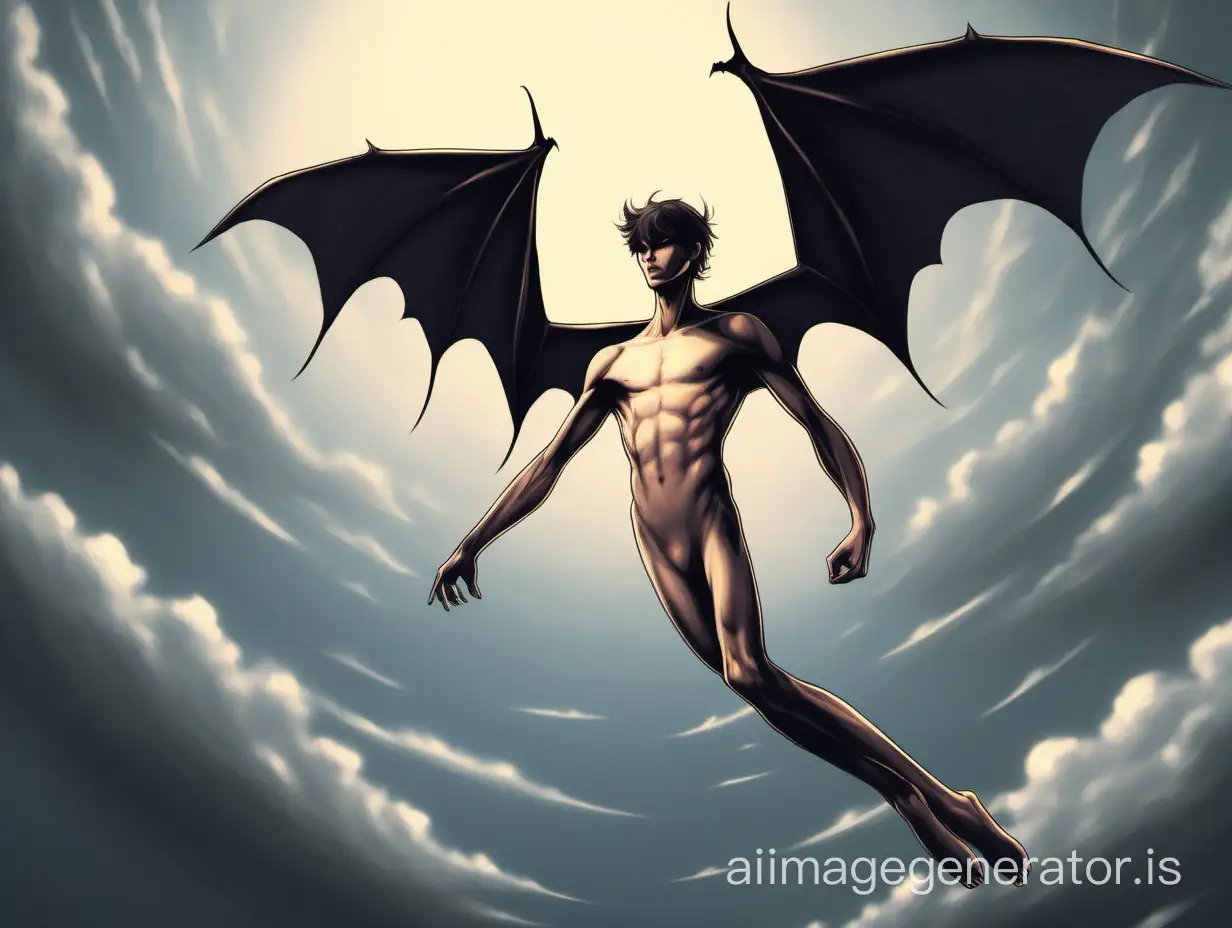 Graceful Nude Male With Batlike Wings Soaring In The Sky 