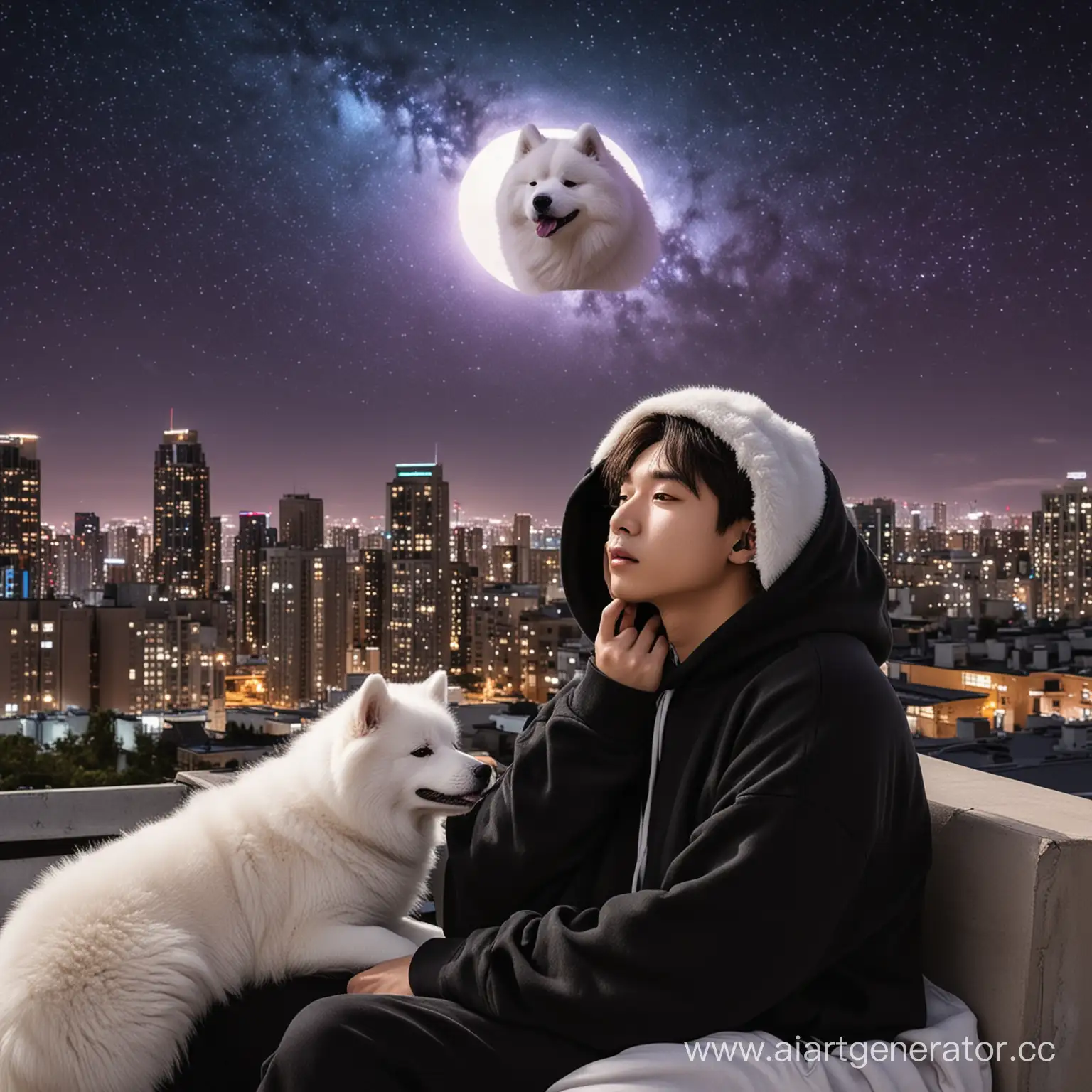 Young-Man-Contemplating-Under-Starry-Sky-with-Samoyed-Dog