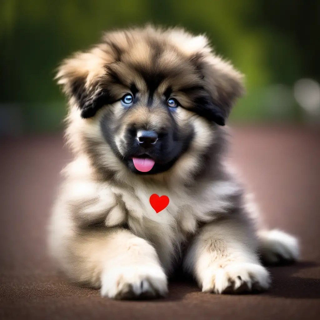 A sweet Caucasian Shepherd puppy with soft paws and a charming look that makes you want to cuddle him.  Its fluffy coat and gentle eyes are the essence of this wonderful breed.  Next to it, a small red heart symbolizing love.

