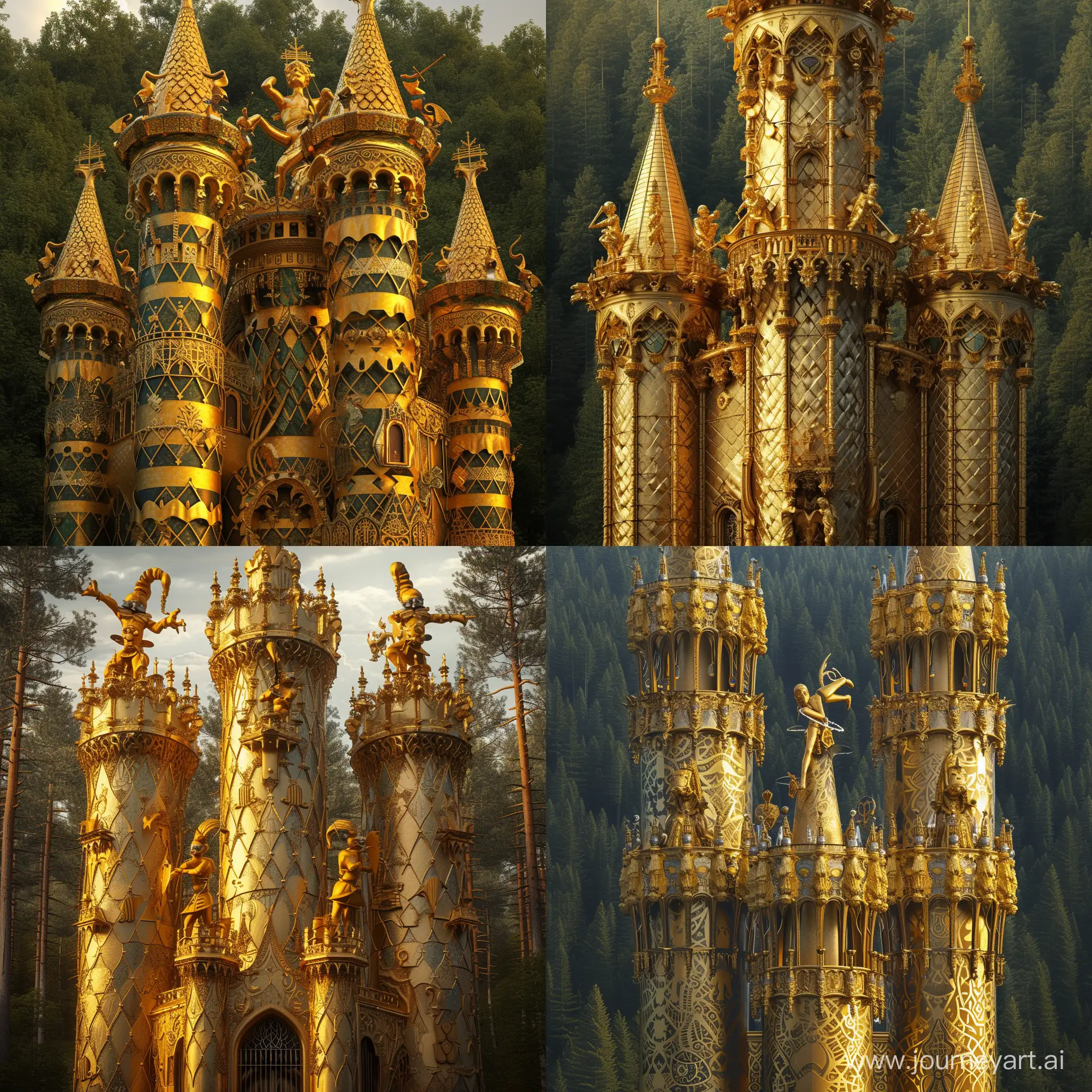 An unusual golden palace stands against the background of a summer forest, golden sculptures of Harlequins and knights are visible on the towers of the palace!!!!!!!! The patterns on the walls of the palace are visible!!!!!!!beautiful majestic digital art, beautiful digital art, elegant digital painting, elegant digital art, front light, ((masterpiece)), ((best quality)), high detail, highest detail, ah, high detail, color, beautiful HDR shooting, photorealistic, surrealism