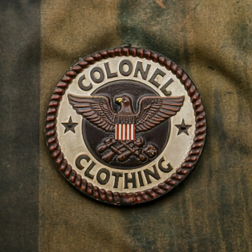 logo, colonel rank on leather patch, with the text "Colonel Clothing", typography