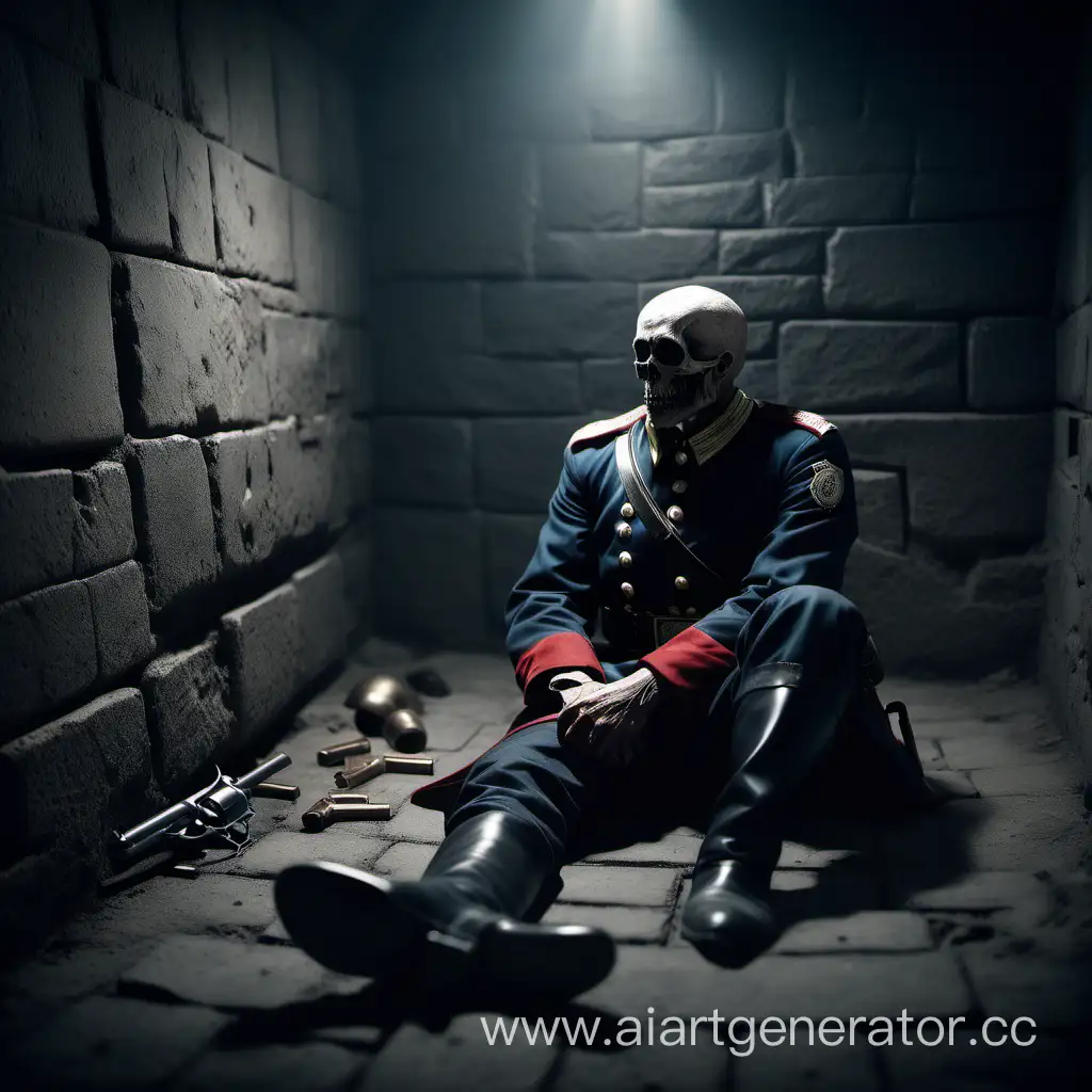 подземелье, свод и стены , на земле сидит 
 спиной к стене мертвый человек, в форме русского офицера, в руке держит револьвер, атмосфера страха