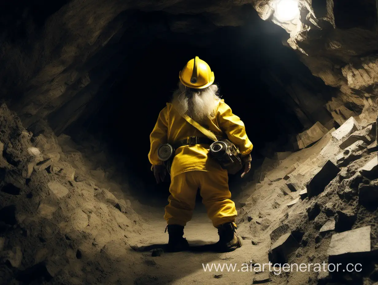 Dwarf-in-Yellow-Combat-Suit-Inspects-Mine-Ceiling
