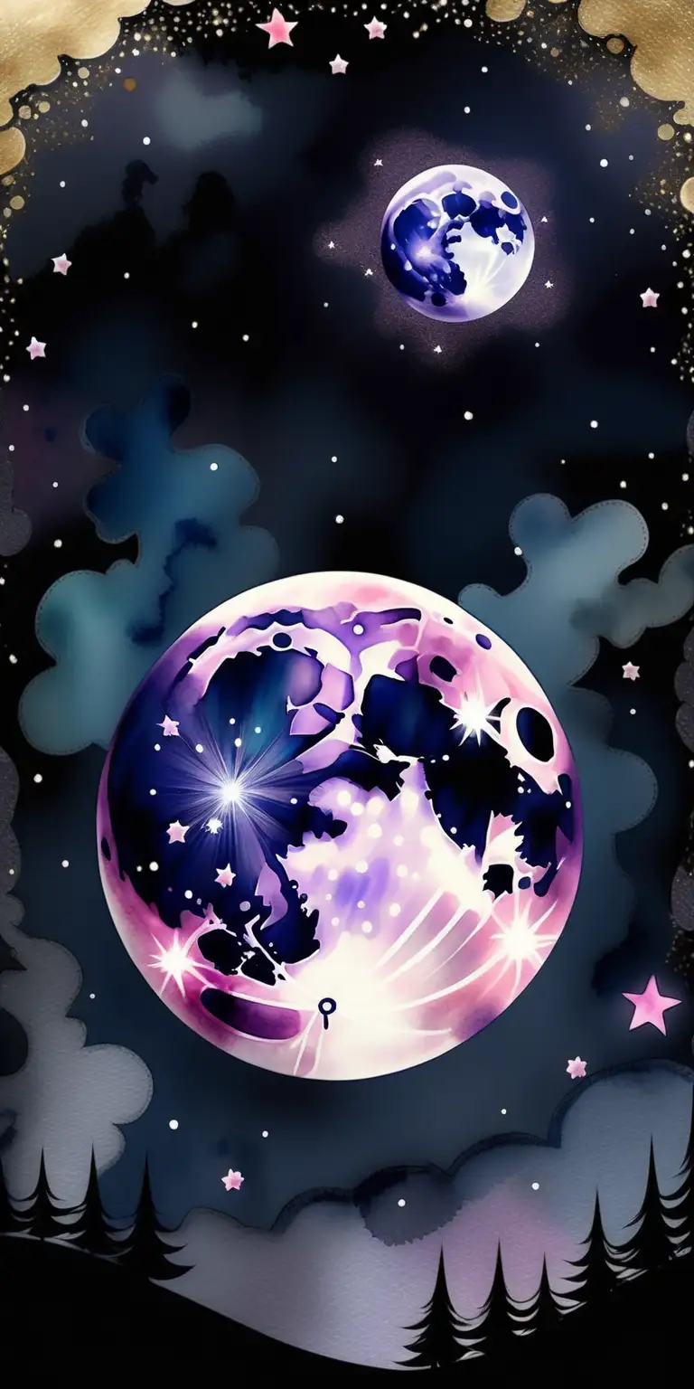 Enchanting Full Moon Night with Glittering Stars and Watercolor Planet