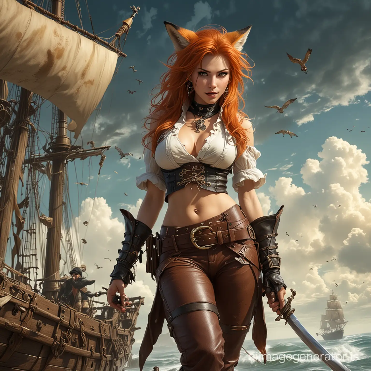 The style of Luis Royo and Todd Lockwood and Yoshitaki Amano: the (((Fox)))-pirate-girl is a little crazy, artstation, anthropomorphism, fox tail, human pose, pirate clothes, bright neckerchief, trousers, vest, leather belts, dagger on the belt in a sheath, (((hilarious madness))), hands on hips, bright and positive image in marine scenery with a pirate ship, ocean, seagulls, clear sky with clouds, epic, (((pathetic dynamic pose))), laughter, hyperdetalization, hyperbolization, sharp and clear image, juicy