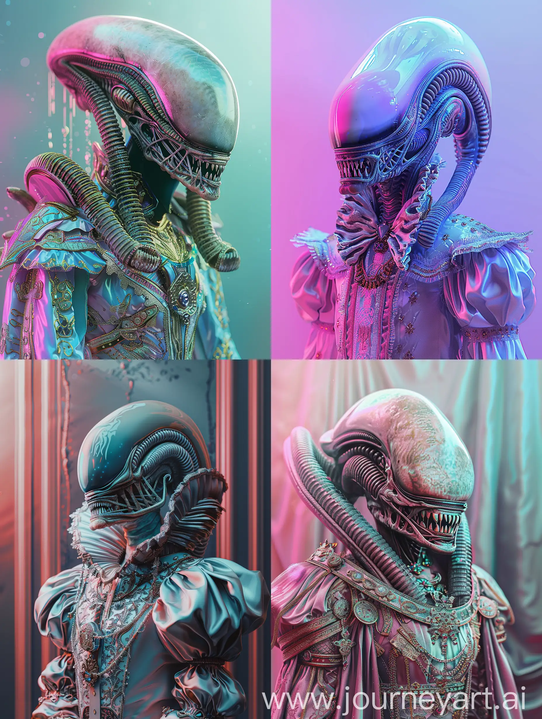 Xenomorph in luxurious royal attire, potrait, realistic, high detailed, with subtle pink and blue gradients, futuristic, kingdom background