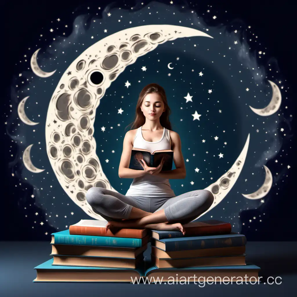 Enlightened-Girl-Sitting-on-Moon-with-Four-Hands-Holding-Books-in-Yoga-Pose