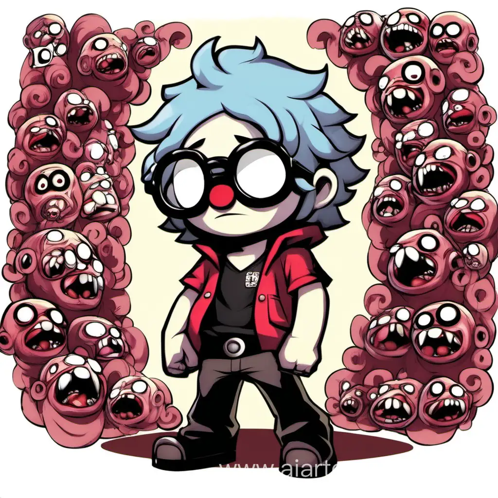 Isaac from The Binding of Isaac wearing glasses from gurren lagann