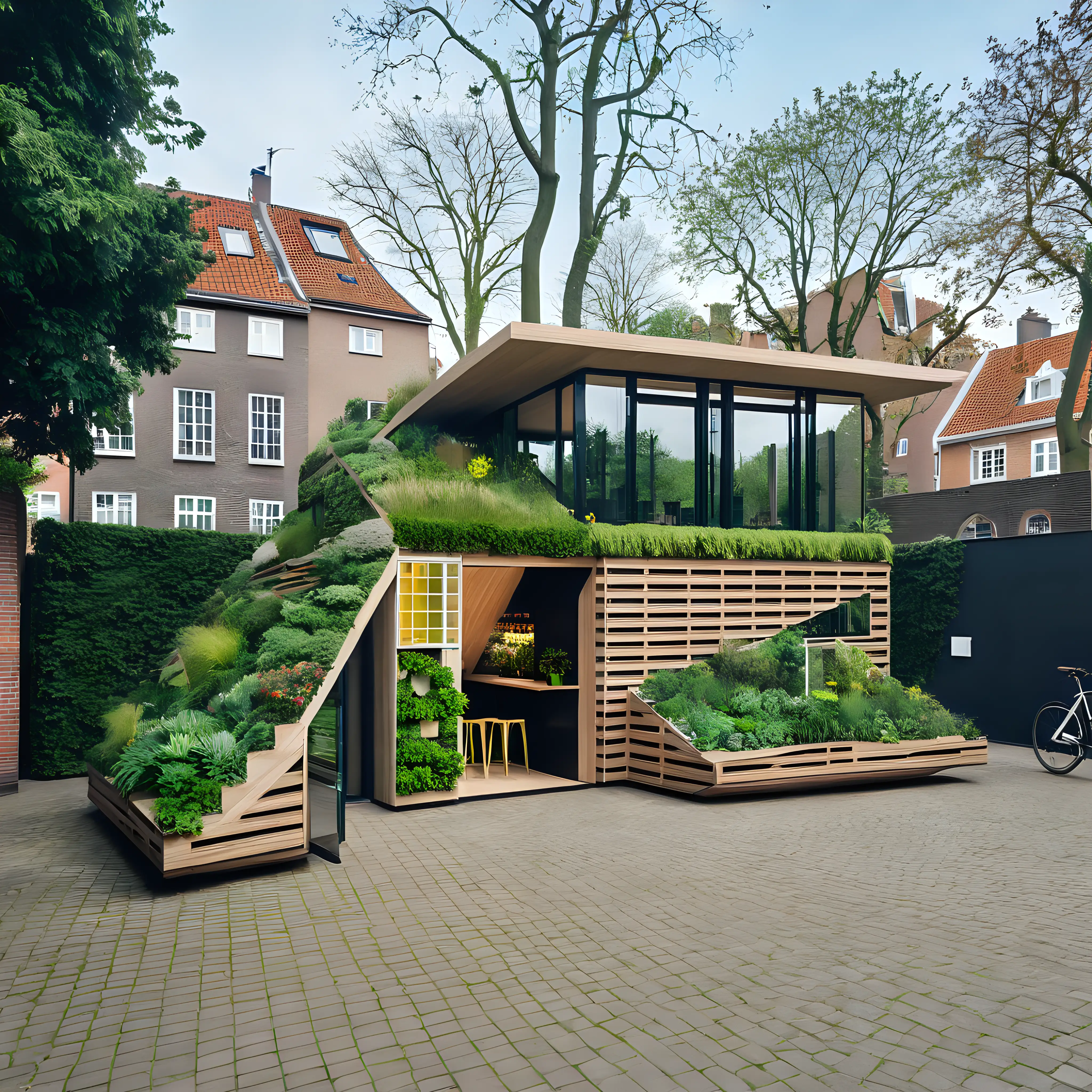Imagine a tiny garden folly in de style of MVRDV architect on top or above this buiding.