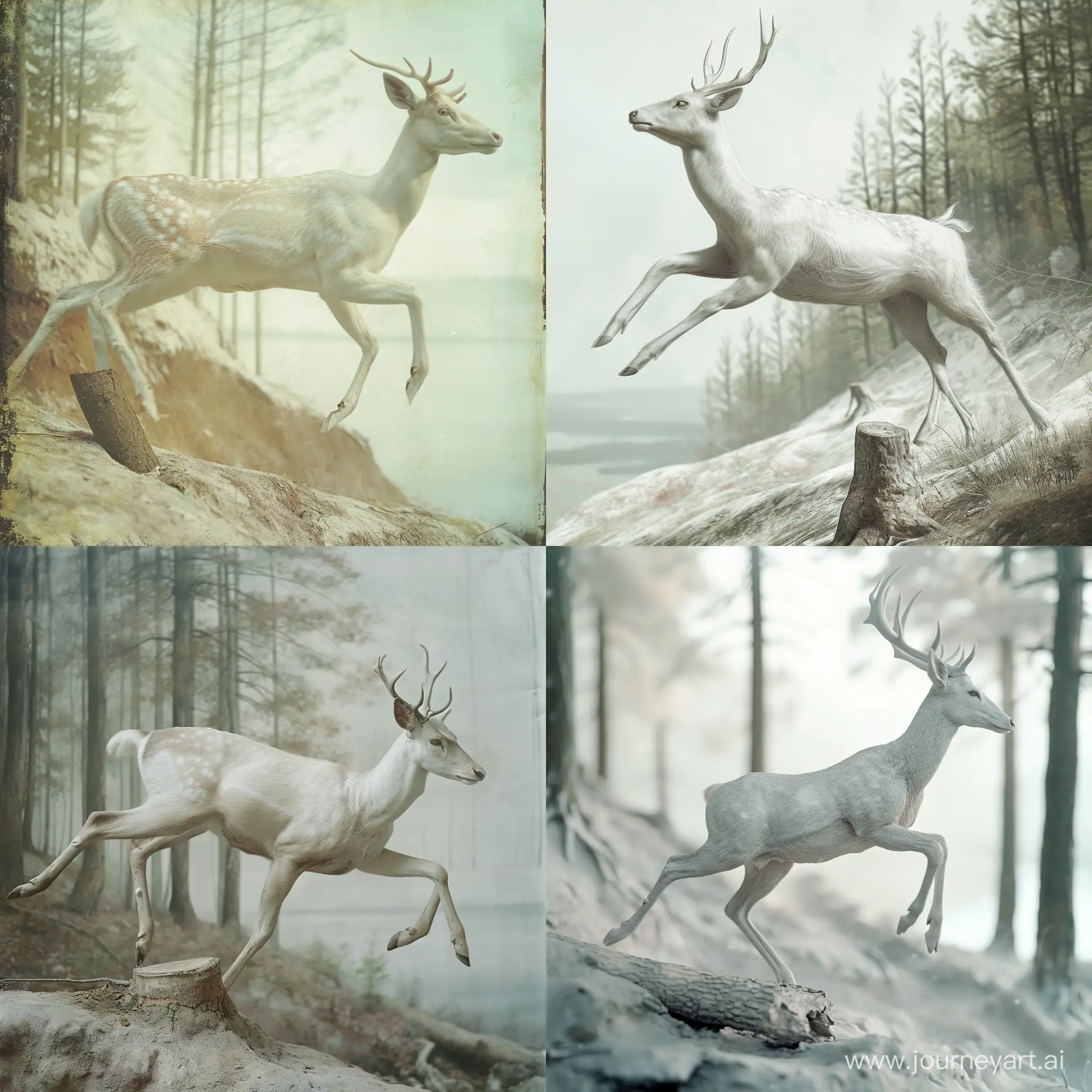 Graceful-White-Deer-poised-for-a-Leap-in-Enchanting-Forest-Scene